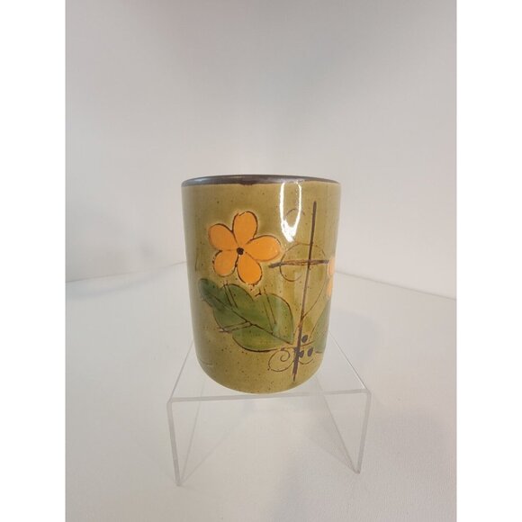 Vintage Fred Roberts Co. Japan 1970's Avocado Green Floral Stoneware Coffee Mug - Picture 2 of 7